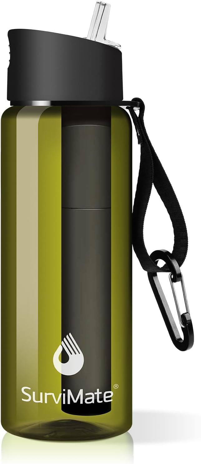 SurviMate 0.01μm Ultra-Filtration Filtered Water Bottle, Portable Water Filter Bottle with 4-Stage Filtration for Survival, Camping, Hiking, Backpacking, Drinking, Emergency