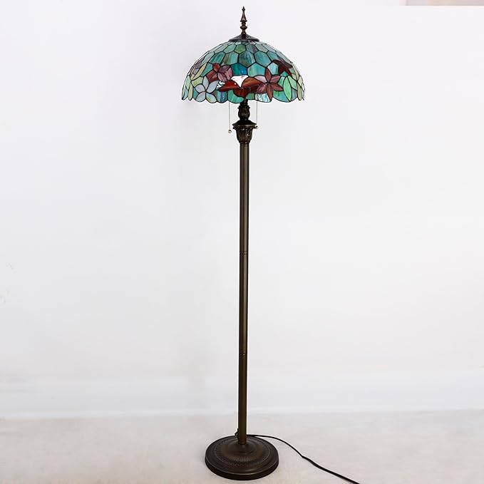 Tiffany Floor Lamp Stained Glass Lamp Standing Reading Light 16x16x70 Inch for Living Room (Red Green Flowers)