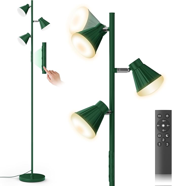 36W LED Tree Floor Lamp, Dimmable Tall Standing Lamp with Remote & Touch Control, 4 Color Temperatures Bright Floor Lamp, 3 Rotatable Light Modern Floor Lamps (Green)
