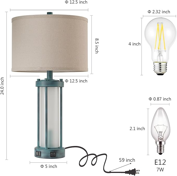 RORIA Set of 2 Rustic Table Lamps for Living Room with 2 USB Ports, Farmhouse Vintage Nightstand Lamp with White Glass Nightlight, Retro Desk Lamps for Bedroom End Table, Bulbs Included(Retro Green)