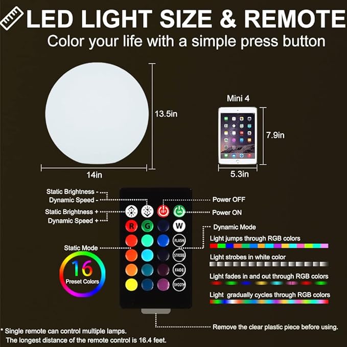Globe Floor Lamp, 14-in Rechargeable LED Ball Light Globe Light w/Remote, Versatile Glowing Orb Mood Lamps Waterproof Outdoor Orb Lamp, Dimmable RGB Color Changing Light Up Ball for Home Garden Yard