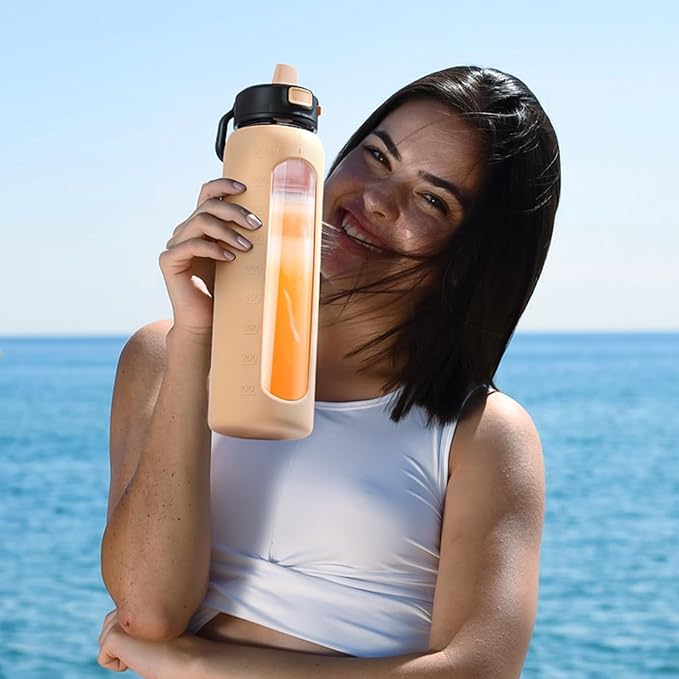 Kodrine Water Bottle with Soft Straw and Carry Loop, 32 oz Glass Water Bottle with Locking Lid, Clear Water Bottles Sports, Drinking Bottle for Travel Home Gym, Leakproof(Amber)