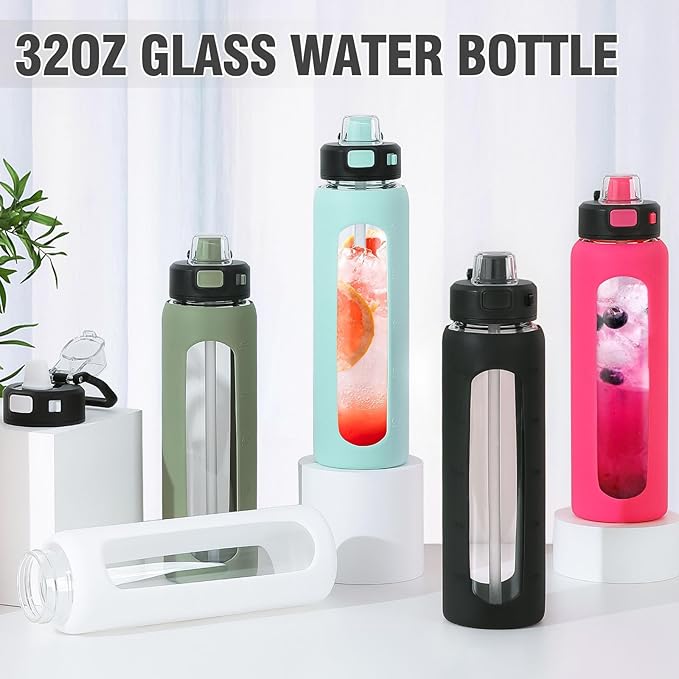 Kodrine Water Bottle with Soft Straw and Carry Loop, 32 oz Glass Water Bottle with Locking Lid, Clear Water Bottles Sports, Drinking Bottle for Travel Home Gym, Leakproof(Black)
