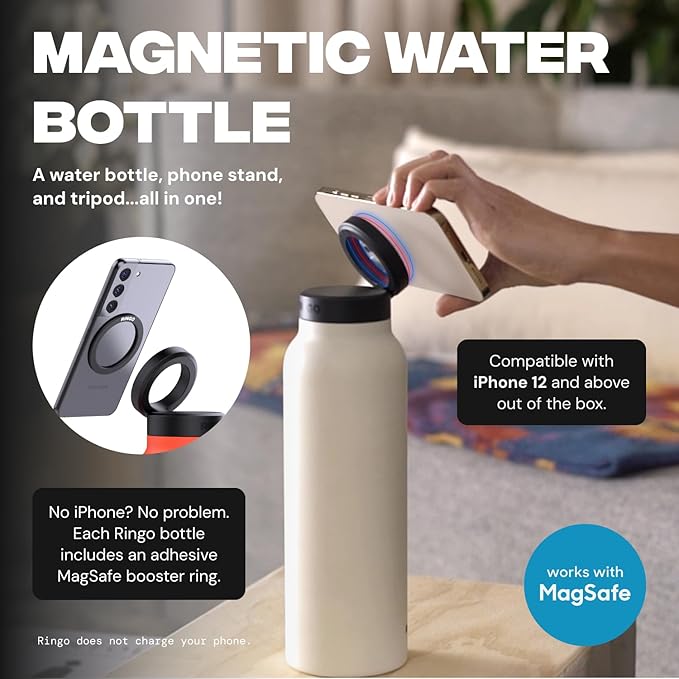 Ringo Insulated Water Bottle - Compatible MagSafe Water Bottle w/Phone Holder - Stainless Steel School Water Bottle w/Magnetic Phone Mount for Kids & Adult -Hot 12H, Cold 24H 360° Rotate - Pink 32oz