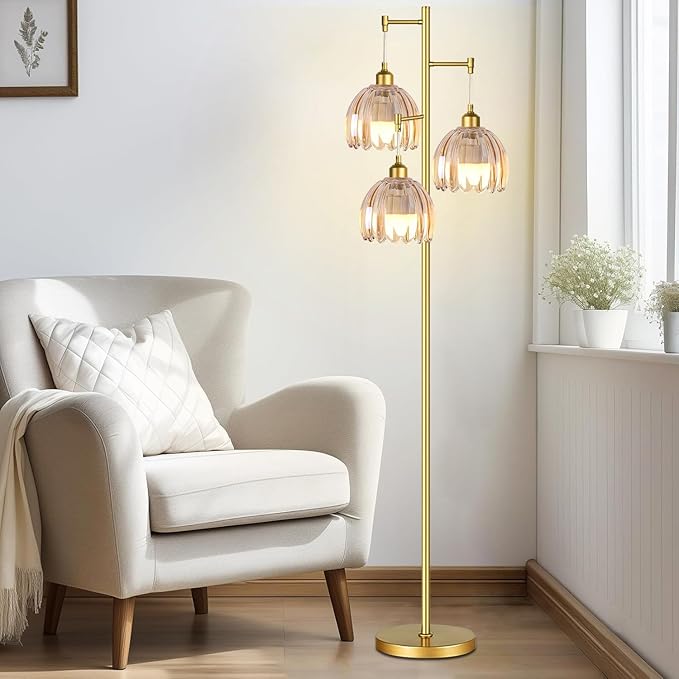 Gold Floor Lamp for Living Room,Bedroom,Tree 3 Light Standing Lamp Mid Century Modern Brass Tall Floor Lamps Vintage Retro Floor Lights Glass Flower Amber Lamp Shade Farmhouse Boho Bohemian
