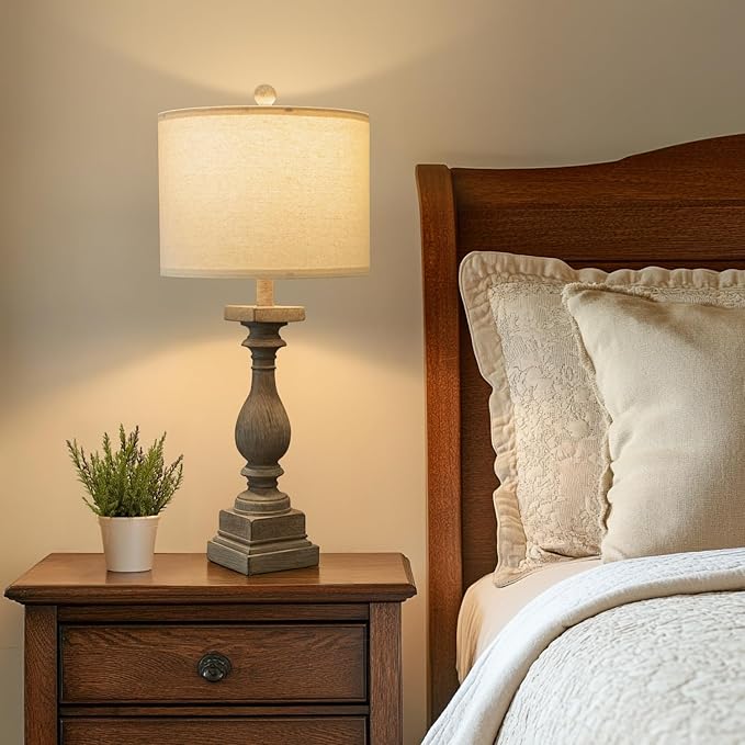 BOBOMOMO 27" Farmhouse Table Lamps with USB-A +C Ports, Vintage Rustic Lamps for Living Room, Linen Shade, Retro Side Table Lamps Set of 2 for Living Room,Bedroom,Night Stands,Office, Home Decor