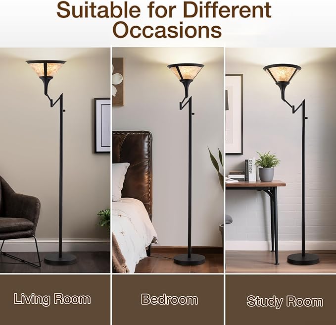 Floor Lamps for Living Room - 70" Black Torchiere Standing Floor Lamp with White Mica Shade - Tall Corner Lamp Decor for Bedroom with Adjustable Swing Arm LED Reading Light for Home Office