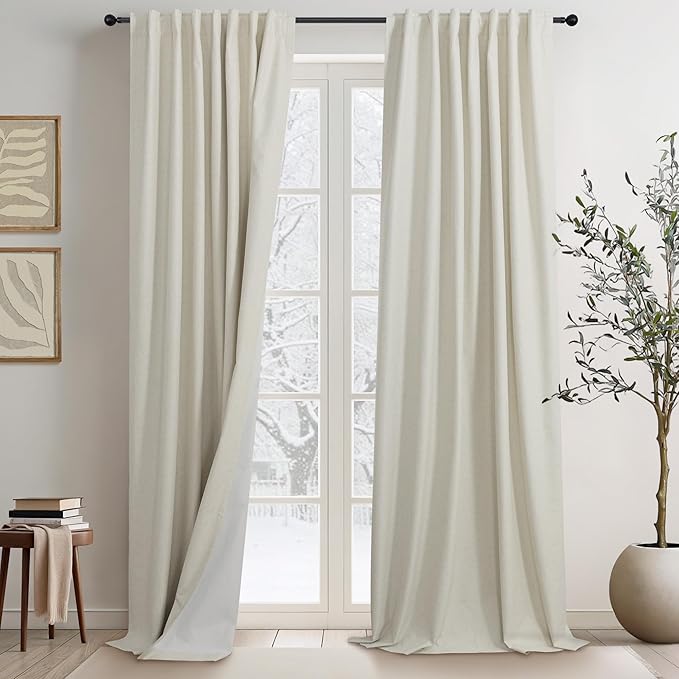 95 Inch Curtains 2 Panels Set UV/Heat Blocking for Summer Modern Farmhouse Beige Curtains for Living Room Darkening Curtain for Sliding Glass Door Patio Linen Blend Blackout Drapes Back Tab 52x95 Long