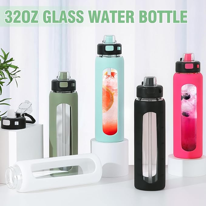 Kodrine Water Bottle with Soft Straw and Carry Loop, 32 oz Glass Water Bottle with Locking Lid, Clear Water Bottles Sports, Drinking Bottle for Travel Home Gym, Leakproof(White)
