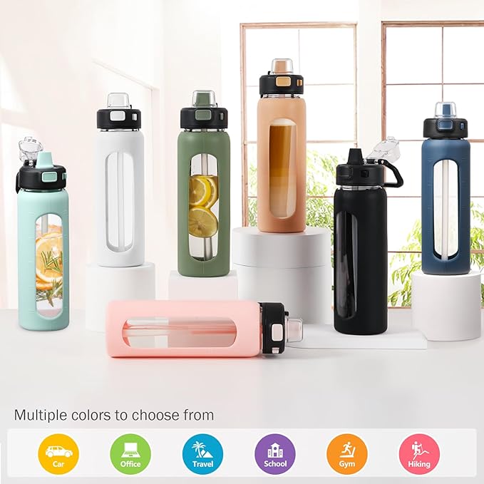 Kodrine Water Bottle With Straw and Carry Handle, Glass Water Bottle 24 oz Leak Proof Locking Lid with Soft Silicone Spout, Small Clear Water Bottle, Travel Sports Water Jug, Time Marker, Pink