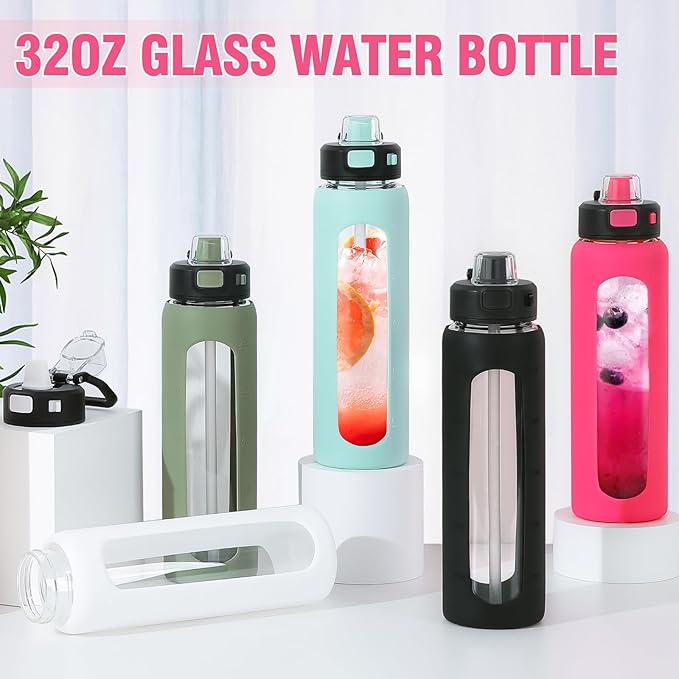 Kodrine 32 oz Glass Water Bottle with Soft Silicone Spout, Locking Lid, and Carry Loop, Rose Red