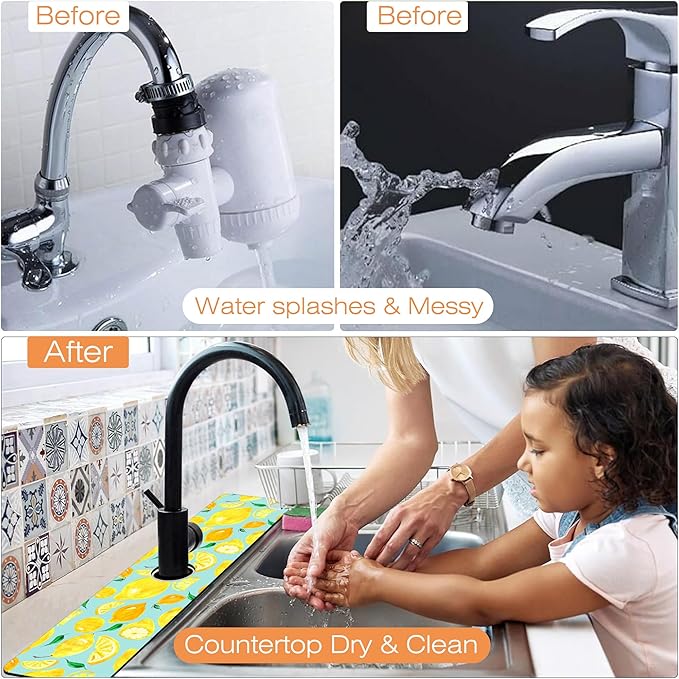 Kitchen Sink Splash Guard Faucet Mat Watercolor Lemon Citrus Sink Splash Guard Behind Faucet,1 PC Soft Diatom Mud Non-Slip Mat-for Kitchen,Dish Drying Mat,Bathroom Faucet Mat 23.5""X5.5""
