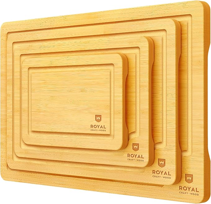 ROYAL CRAFT WOOD Wooden Cutting Boards for Kitchen Meal Prep & Cutting - Bamboo Wood Cutting Board Set with Deep Juice Groove Side Handles - Charcuterie & Chopping Butcher Block for Meat (4 Pcs)