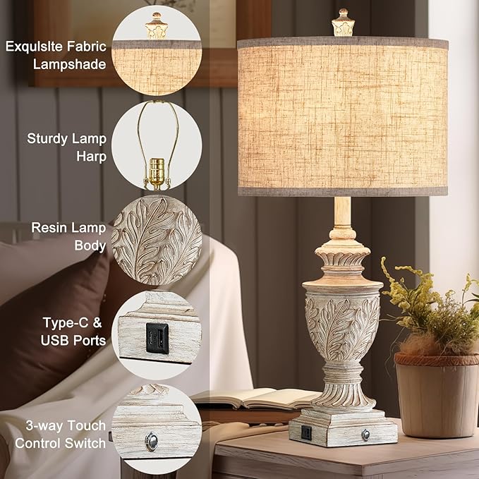Farmhouse 3-Way Dimmable Touch Table Lamp Set of 2 for Bedroom Living Room with USB A+C Charging Ports 27" Tall Rustic Traditional Nightstand Bedside Lamps White End Table Lamp (2 Bulbs Included)