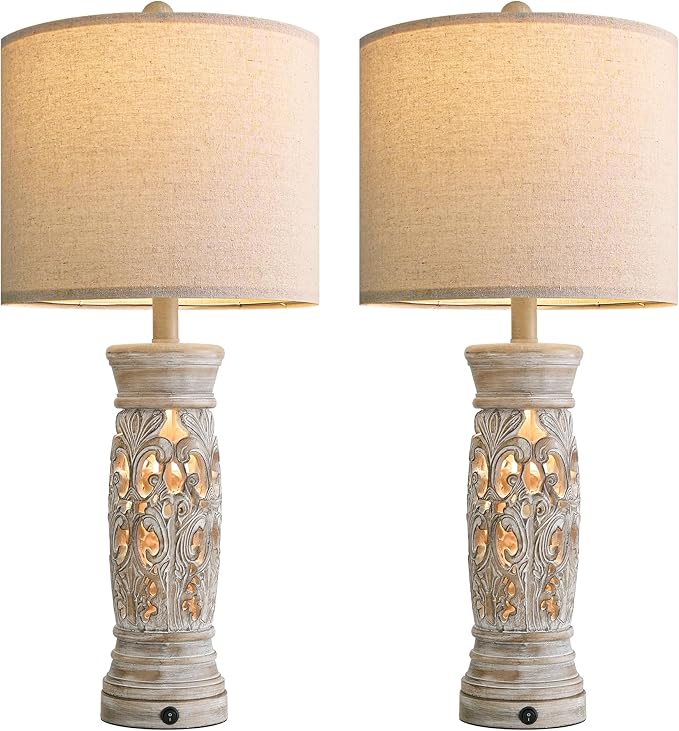 BOBOMOMO 27.25” Rustic Farmhouse Table Lamps Set of 2 – Vintage Bedside Lamps with Night Light & USB A+C Ports, Retro Lamps for Bedroom, Living Room, Entryway, Cozy Corner (Bulbs Included)