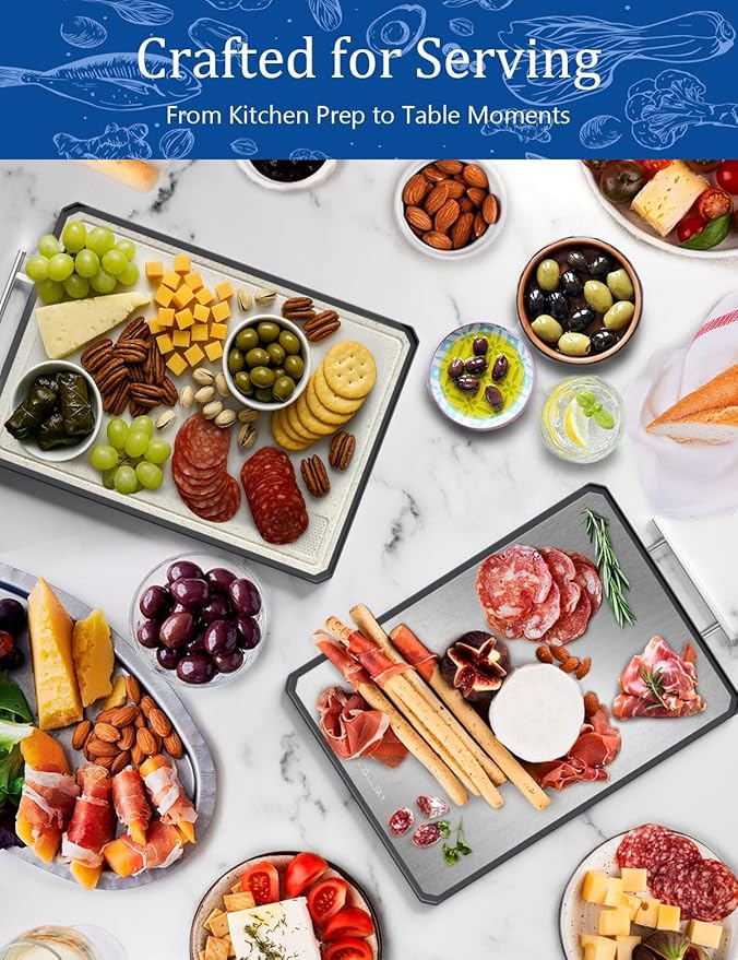 Titanium Cutting Boards for Kitchen, 2 in 1 Titanium Cutting Boards with JUICE GROOVE, Metal Chopping Board for Meat/Vegetables, Pure Titanium&Wheat Straw PP, Food-Grade, Dishwasher Safe16.3”×11”-1 PC