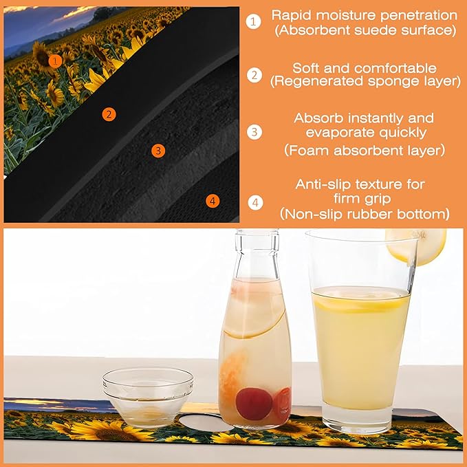 Kitchen Sink Splash Guard Faucet Mat Sunflowers Blooming at Sunset Sink Splash Guard Behind Faucet,1 PC Soft Diatom Mud Non-Slip Mat-for Kitchen,Dish Drying Mat,Bathroom Faucet Mat 23.5"X5.5"