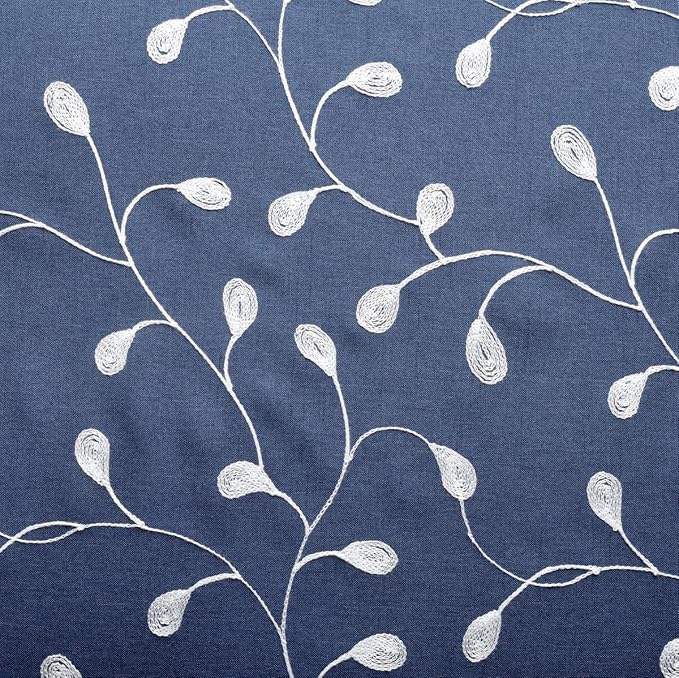 MIUCO Floral Embroidery Semi Sheer Curtains Faux Linen Grommet Window Curtains for Living Room 52 x 63 Inch 2 Panels, Navy Blue