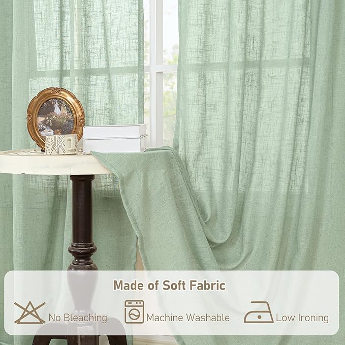 LAMIT Short Linen Curtains 40 Inch Length for Small Window, Fresh Green Light Filtering Semi Sheer Panels Bronze Grommet Neutral Drapes for Basement/Window, 2 Panels, 34 x 40 Inch