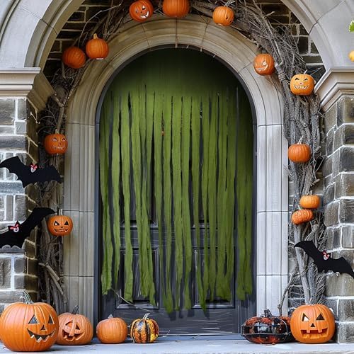 RunNico 2Pcs 85" x 60" Large Halloween Door Curtain Decoration, Green Gauze Doorway Curtain, Creepy Cloth Strip Drape for Halloween Horror Theme Party Haunted House Costume Decor