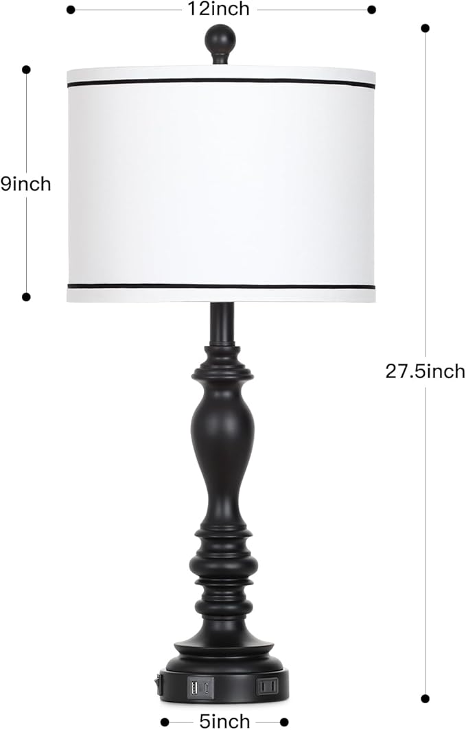 27.5" Farmhouse Table Lamp for Living Room, Black Lamps Set of 2 with USB A+C Ports, Mid Century Tall Table Lamp for Bedroom, Bedside Lamps for Night Stands(2 Bulbs Included)