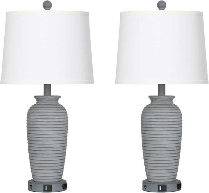 25" Farmhouse Jar Table Lamp Set of 2 Vintage Rustic Lamps for Living Room, Resin Bedside Nightstand Lamps with Linen Lampshades, Retro Pot Lamp for Living Room, Bedroom(LED Bulbs Included)