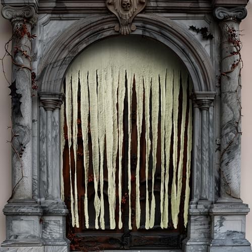 RunNico 2Pcs 85" x 60" Large Halloween Door Curtain Decoration, White Gauze Doorway Curtain, Creepy Cloth Strip Drape for Halloween Horror Theme Party Haunted House Costume Decor