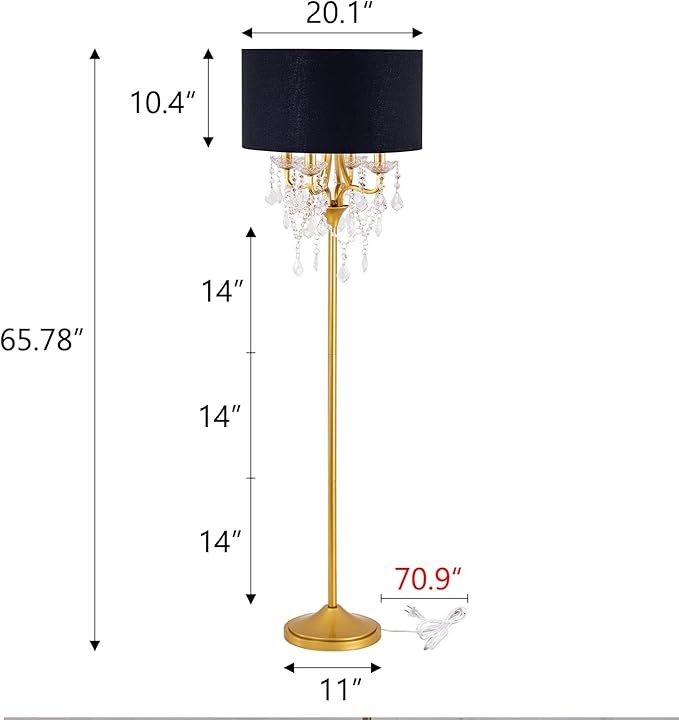 Wellmet Gold Crystal Drum Shade Floor Lamp, 6 Light Black Gold Shade, Candle Base for Living Room, Bedroom, Reading Room, Hallway, Corridor