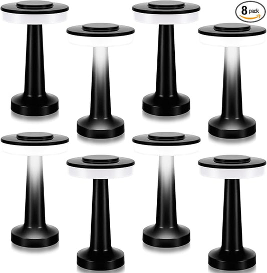 VIHOSE Set of 8 LED Portable Cordless Table Lamp with Touch Sensor 3 Color Stepless Dimming Rechargeable Battery up to 15 Hours Cordless Table Light Wireless Lamp for Nursery(Black)
