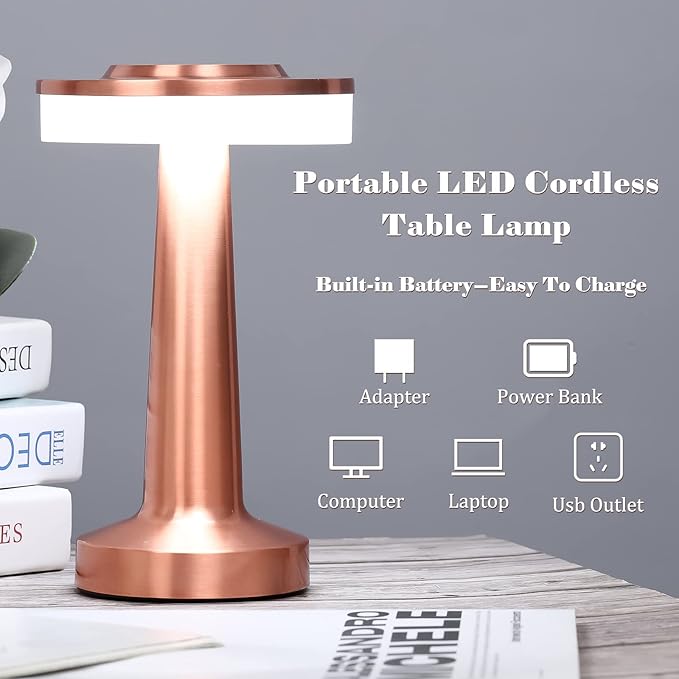 VIHOSE Set of 8 LED Portable Cordless Table Lamp with Touch Sensor 3 Color Stepless Dimming Rechargeable Battery up to 15 Hours Cordless Table Light Wireless Lamp for Nursery(Rose Gold)