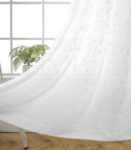 MIUCO Floral Embroidered Semi Sheer Curtains Faux Linen Grommet Window Curtains for Bedroom Living Room 84 Inches Long 2 Panels, Pure White
