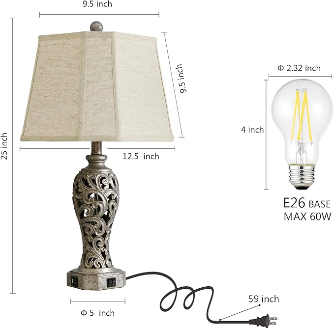 Vintage Table Lamps Set of 2 for Living Room Bedroom, 2 USB Ports 25'' Rustic Farmhouse Desk Lamp with Nightlight, Iron Gray Hollow Out Resin Lamp for End Table (Bulbs Included)
