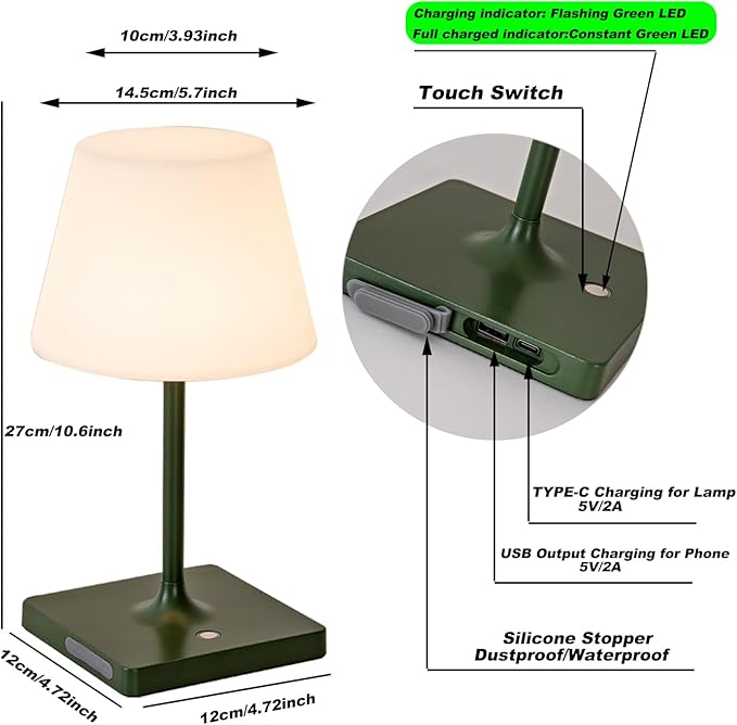 LED Cordless Table lamp Rechargeable,Outdoor Battery Operated Portable Desk lamp,Shower lamp Waterproof,4000mAh LED 3 Colors Dimmable Touch Night Lamps-Green