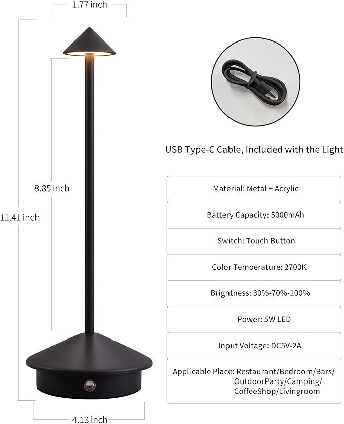 Modern Cordless Table Lamp Set of 2, Portable LED Desk Lamps, 5000mAh Rechargeable Battery Operated Lighting for Bedroom Dining Room Restaurant Coffee Shop Camping Night Light (Black)