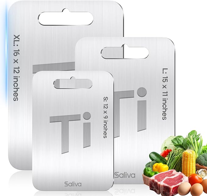 Saliva 3pcs Titanium Cutting Boards for Kitchen, Titanium Cutting Board Set of 3, Non Toxic Double Sided Food Grade, Dishwasher Safe, No Blunt Knife, Chopping Boards with Handle for Meat & Vegetable