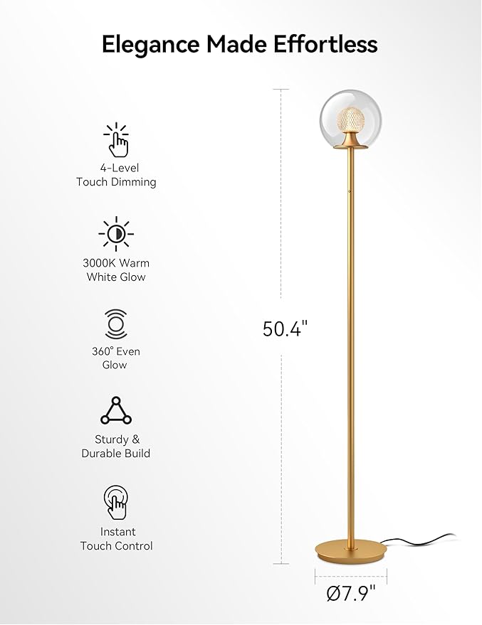 Tubicen Gold Floor Lamp with Dual-Globe Glass Shade Memory Function Art Decor 4-Stage Touch Control Dimmable Modern LED Corner Standing Floor Lamp for Bedroom Office Living Room Bedside