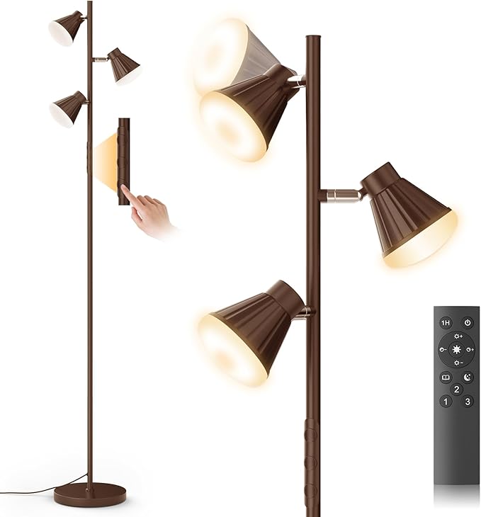 36W LED Tree Floor Lamp, Dimmable Tall Standing Lamp with Remote & Touch Control, 4 Color Temperatures Bright Floor Lamp, 3 Rotatable Light Modern Floor Lamps (Brown)