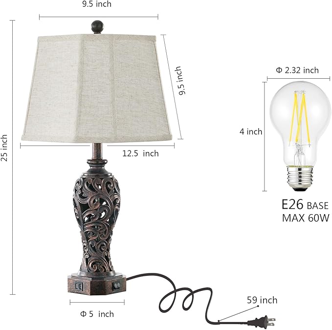Set of 2 Farmhouse Table Lamps for Living Room, Rustic Vintage Nightstand Lamp with 2 USB Port, Bronze Resin Lamps for Bedroom End Table with Hollow Out Nightlight, 2 Bulbs Included