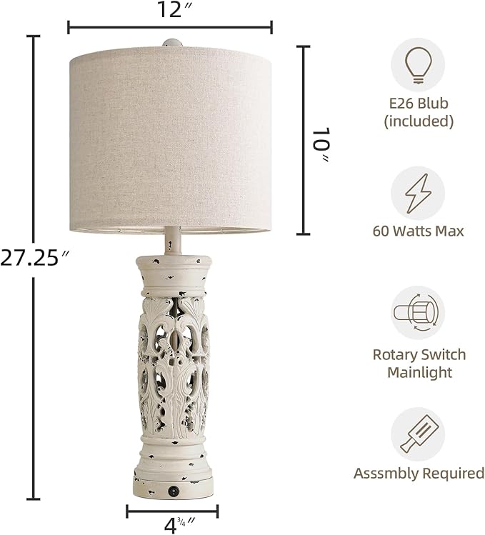 BOBOMOMO 27.25” Farmhouse Table Lamps Set of 2 – Antique White Bedside Lamps with Night Light & USB A+C Ports, Vintage Lamps for Bedroom, Living Room, Entryway, Console Table (Bulbs Included)