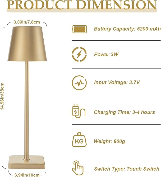 HASUN Gold Cordless Table Lamp, Aluminum Shell LED Rechargeable Desk Lamp, 3W 5200mAh Battery Operated Table Light, 3 Color Stepless Dimming Up Waterproof for Living Room/Indoor/Outdoor (Gold)