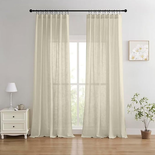 Joydeco Linen Curtains 96 inches Long 2 Panels Set,Light Filtering Curtains for Living Room Bedroom, Window Long Drapes with Rod Pockets Back Tab (W52 x L96 Inch, Natural)