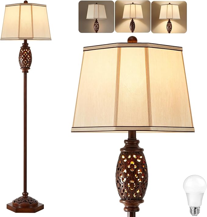 Luvkczc Vintage Floor Lamp - Brown Carved Resin with Hollow Light Design, Rustic Standing Lamp for Living Room, Bedroom, Study(Bulb Included)