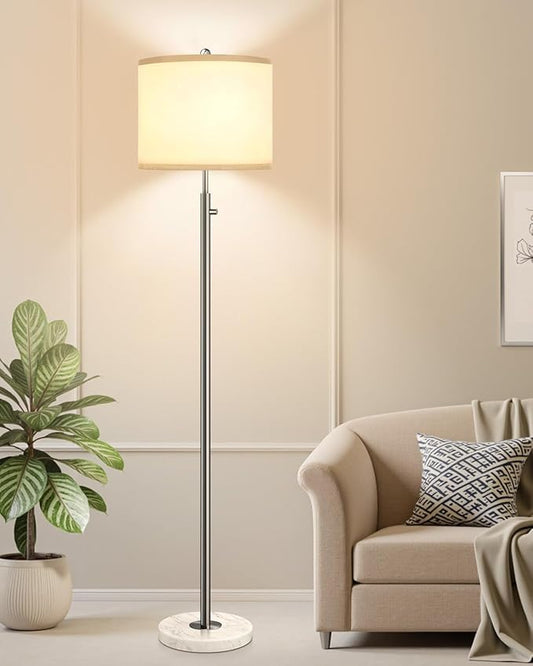 【Upgraded】 Dimmable Floor Lamp for Living Room, 11W LED Bulb Included, Modern Standing Lamp with Marble Base, Tall Pole Light with Linen Shade for Bedroom Reading Office Corner Nursery-Brushed Nickel