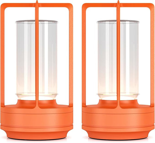 Portable Metal Table Lamp for Indoor/Outdoor ,Rechargeable Cordless LED Lamp, 3-Colour Infinitely Dimming Battery Powered Small Desk Lamp, Restaurant/Bedroom/Bar/Coffee/Camping Light (Orange set of 2)