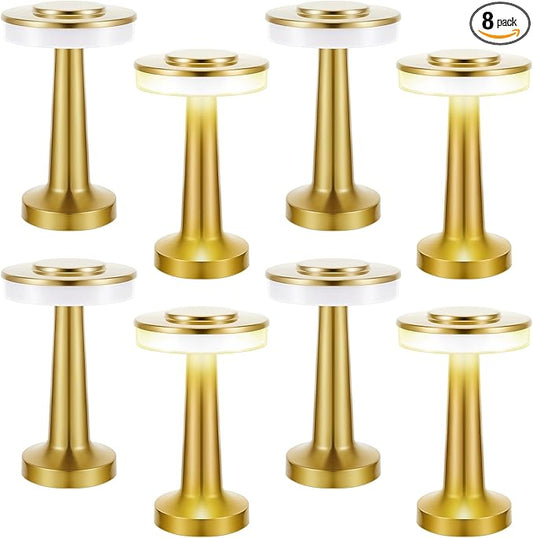 VIHOSE Set of 8 LED Portable Cordless Table Lamp with Touch Sensor 3 Color Stepless Dimming Rechargeable Battery up to 15 Hours Cordless Table Light Wireless Lamp for Nursery(Gold)