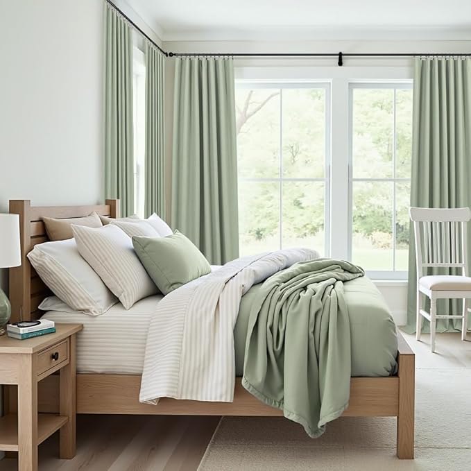 Sage Green Linen Curtains 108 Inches Long 2 Panel Set 100% Blackout Insulated Thermal Curtains for Summer Heat Blocking Light Green Drapes for Bedroom Living Room Sliding Door Rustic Country Farmhouse