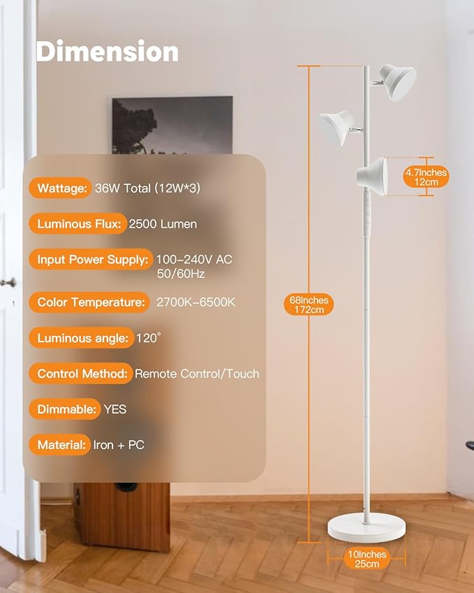White Floor Lamp, 36W Modern Dimmable Standing Lamp 2700-6500K, 3 Rotatable LED Lights Reading Tall Lamp, Touch & Remote Control Floor Lamps for Living Room Bedroom Office