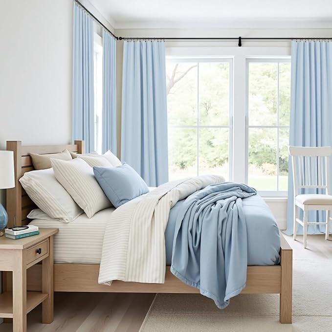 Light Blue Blackout Curtains 90 Inches Long for Bedroom 2 Panel Set Thermal Insulating Room Darkening Draperies for Living Room Black Out Linen Drapes Winter Cold Blocking Grand Millenial 52x90 Length