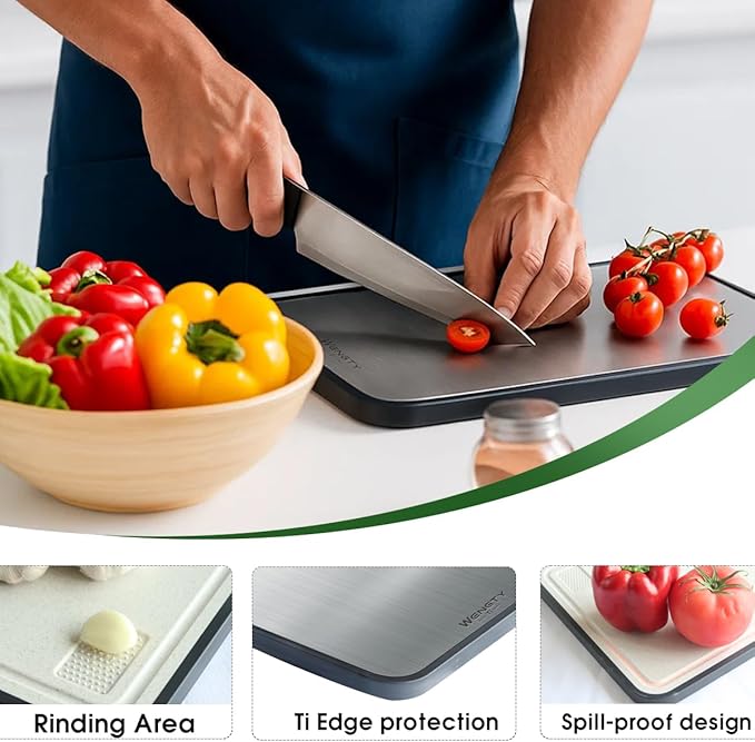 Titanium Cutting Boards for Kitchen, Double Sided Food-Grade Pure Titanium&Wheat Straw PP, Non-Toxic, Non-Slip, Dishwasher Safe, Ideal for Meat, Vegetables, Fruit 15.8 x 11''
