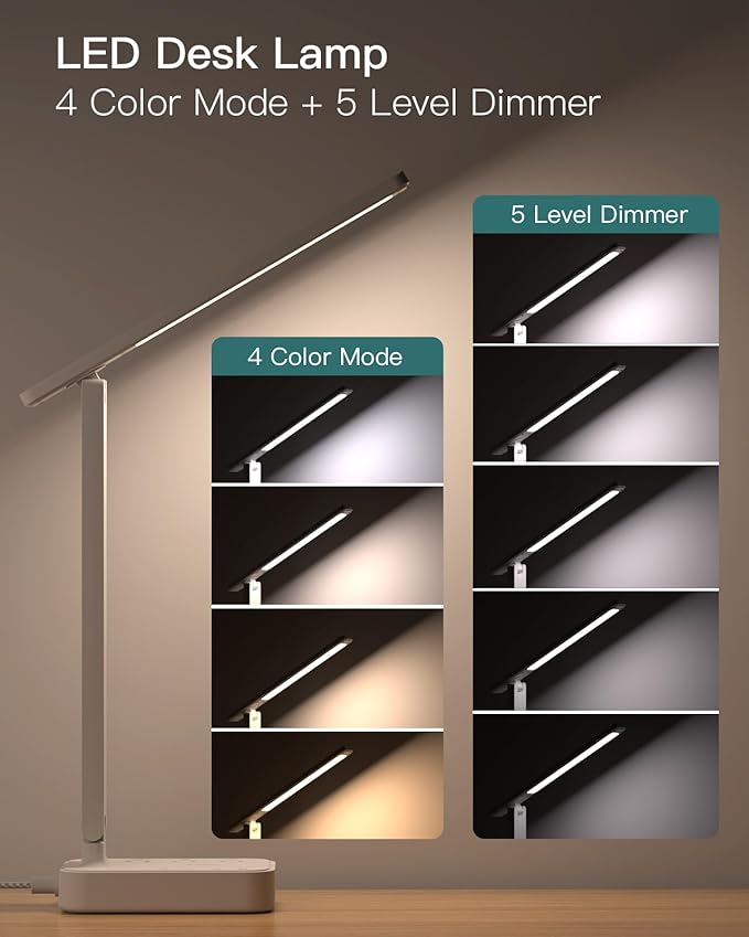 Addtam LED Desk Lamp, Power Strip with 3 Outlets 4 USB Charging Ports(2 USBC), 4 Modes 5 Level Brightness Touch Lamp, Small Desk Lamp for Home Office College Dorm Room Essentials, White